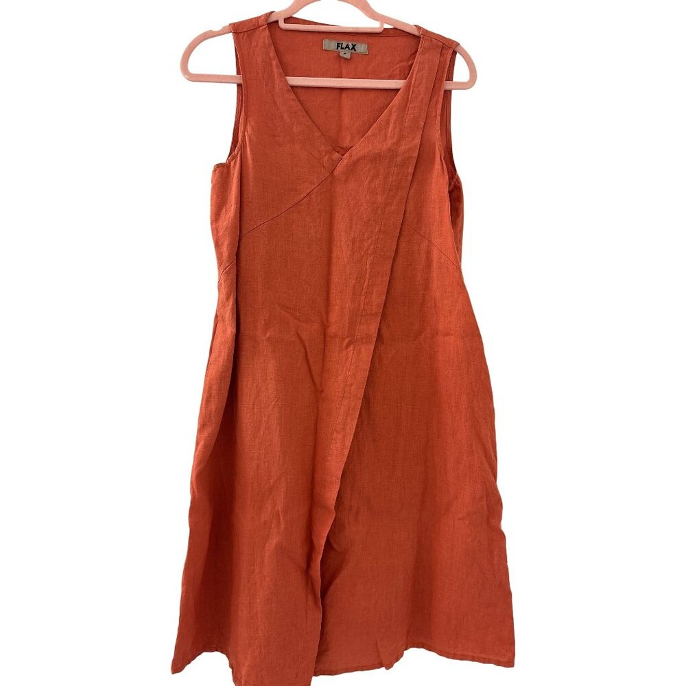 Flax Women's Orange V-Neck Linen Wrap Midi Dress Size P Bohemian Lagenlook‎